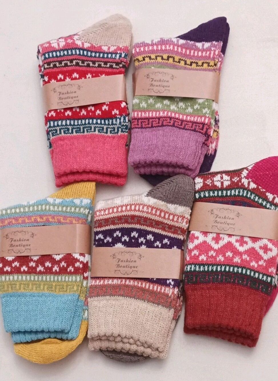 Fashion Boutique Women's Geometric Crew Socks Multicolor 5 Pairs Mid Calf